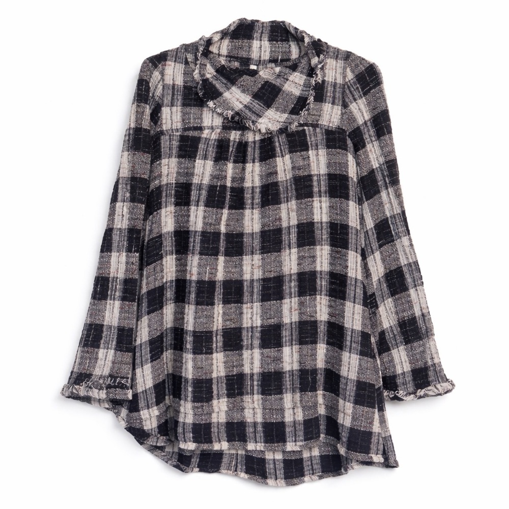 Free People Plaid Tunic Cowl Neck Raw Hem Boho Top Women S Black